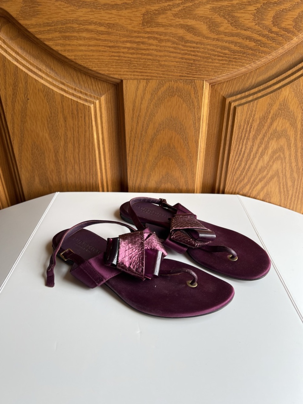 Burberry Prorsum Snakeskin Bow Sandals – Metallic Plum Python, T-Strap Slingback